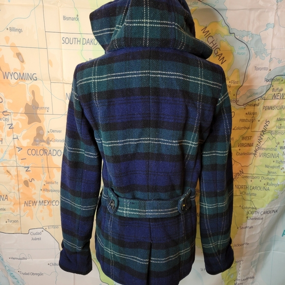 American Eagle Plaid Double-Breasted Women's Wool Coat Size M Blue & Green - Picture 15 of 16